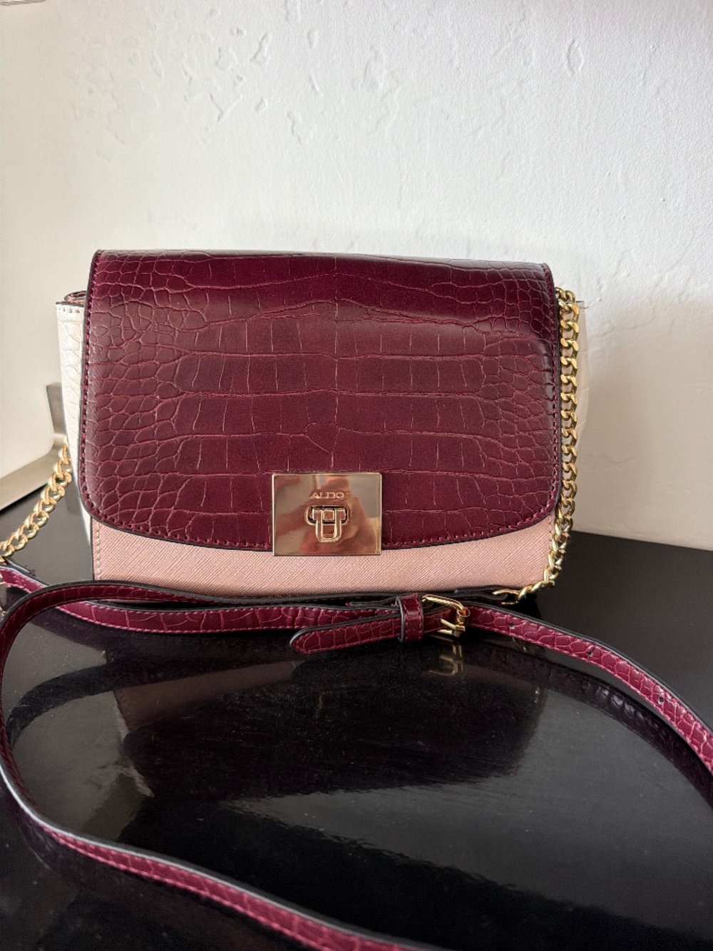 ALDO Burgundy Croc-Embossed Colorblock Crossbody Bag